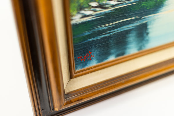 Original 1983 Bob Ross oil painting (18x24) featuring a serene mountain and lake landscape in his signature wet-on-wet style, signed and authenticated