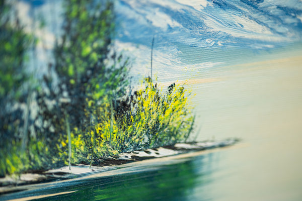 Original 1983 Bob Ross oil painting (18x24) featuring a serene mountain and lake landscape in his signature wet-on-wet style, signed and authenticated