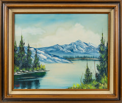 Original 1983 Bob Ross oil painting (18x24) featuring a serene mountain and lake landscape in his signature wet-on-wet style, signed and authenticated