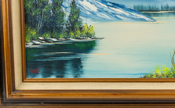 Original 1983 Bob Ross oil painting (18x24) featuring a serene mountain and lake landscape in his signature wet-on-wet style, signed and authenticated