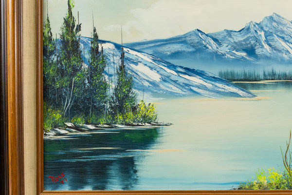 Original 1983 Bob Ross oil painting (18x24) featuring a serene mountain and lake landscape in his signature wet-on-wet style, signed and authenticated