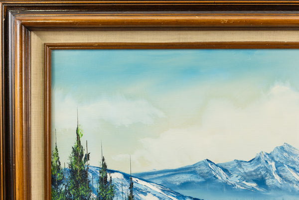 Original 1983 Bob Ross oil painting (18x24) featuring a serene mountain and lake landscape in his signature wet-on-wet style, signed and authenticated