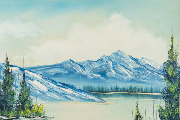 Original 1983 Bob Ross oil painting (18x24) featuring a serene mountain and lake landscape in his signature wet-on-wet style, signed and authenticated