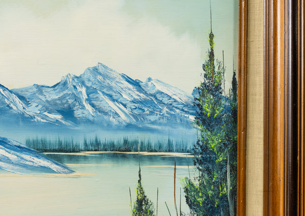 Original 1983 Bob Ross oil painting (18x24) featuring a serene mountain and lake landscape in his signature wet-on-wet style, signed and authenticated