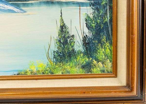 Original 1983 Bob Ross oil painting (18x24) featuring a serene mountain and lake landscape in his signature wet-on-wet style, signed and authenticated