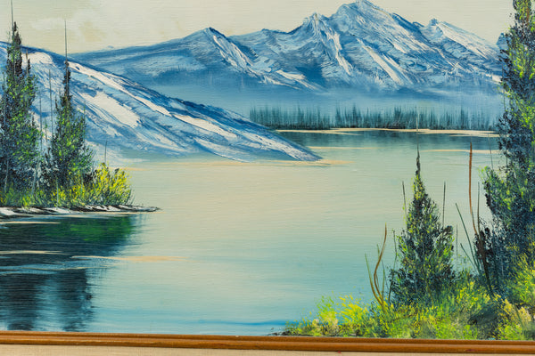 Original 1983 Bob Ross oil painting (18x24) featuring a serene mountain and lake landscape in his signature wet-on-wet style, signed and authenticated