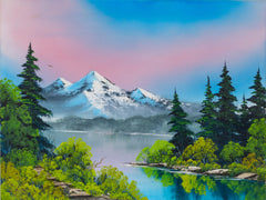 Bob Ross original oil painting, 18x24, untitled yet reminiscent of "Mountain View" from The Joy of Painting.