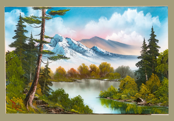Rare large-scale (24x36) original Bob Ross oil painting, c. 1987, signed and authenticated, featuring a serene mountain lake landscape akin to "Soft Mountain Glow"