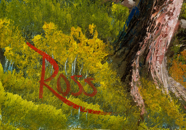 Rare large-scale (24x36) original Bob Ross oil painting, c. 1987, signed and authenticated, featuring a serene mountain lake landscape akin to "Soft Mountain Glow"