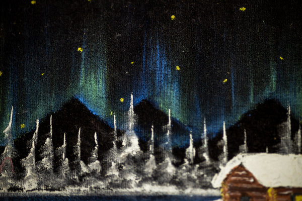 Bob Ross original 7x5 inch oil on velvet painting depicting Northern Lights, Signed and dated, with certificate of authenticity from Bob Ross Inc.