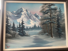 Bob Ross Signed Original Painting Winter Mountain Scene w Bob Ross Inc COA