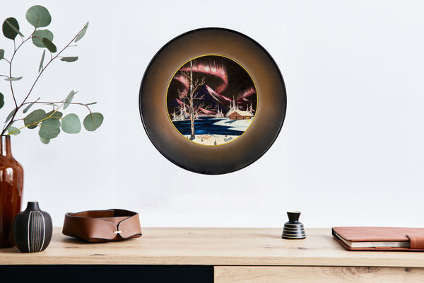 Bob Ross's "Untitled (Northern Lights)" original painting on velvet inside gold pan is an evocative example of the artist's early Alaskan period, preceding his rise to national fame as the host of The Joy of Painting