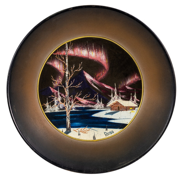 Bob Ross's "Untitled (Northern Lights)" original painting on velvet inside gold pan is an evocative example of the artist's early Alaskan period, preceding his rise to national fame as the host of The Joy of Painting