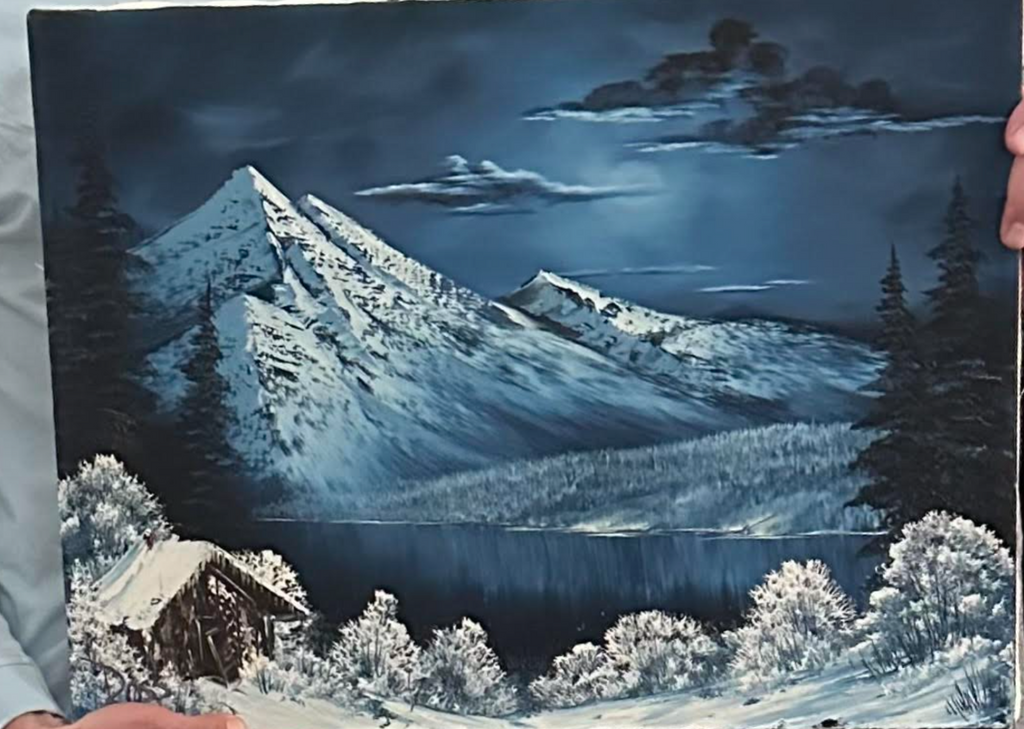 Bob Ross Signed Original Painting Nighttime Winter Mountain Scene