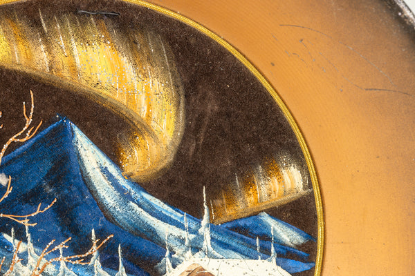 Bob Ross Authentic Original Oil on Velvet Painting inside Gold Pan Alaska Northern Lights Mountain Scene