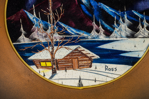 Bob Ross 1971 Original Painting on Signed Velvet inside Gold Pan