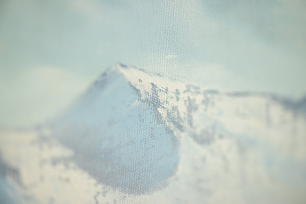 Bob Ross original oil on canvas landscape (1979), echoing "The Joy of Painting" aesthetic with serene winter scenery. Signed, and accompanied by a certificate of authenticity from Bob Ross Inc.