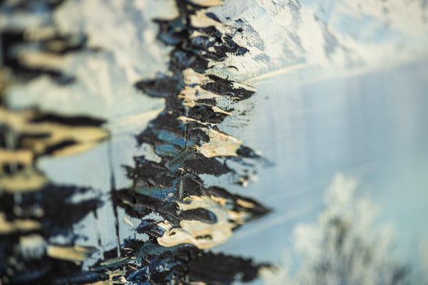 Bob Ross original oil on canvas landscape (1979), echoing "The Joy of Painting" aesthetic with serene winter scenery. Signed, and accompanied by a certificate of authenticity from Bob Ross Inc.