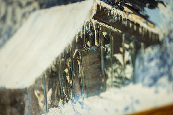 Bob Ross original oil on canvas landscape (1979), echoing "The Joy of Painting" aesthetic with serene winter scenery. Signed, and accompanied by a certificate of authenticity from Bob Ross Inc.