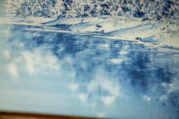 Bob Ross original oil on canvas landscape (1979), echoing "The Joy of Painting" aesthetic with serene winter scenery. Signed, and accompanied by a certificate of authenticity from Bob Ross Inc.