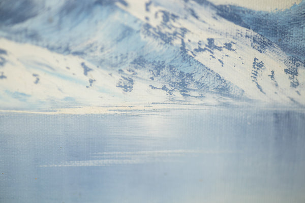 Bob Ross original oil on canvas landscape (1979), echoing "The Joy of Painting" aesthetic with serene winter scenery. Signed, and accompanied by a certificate of authenticity from Bob Ross Inc.