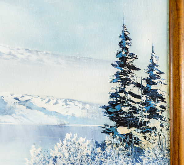 Bob Ross original oil on canvas landscape (1979), echoing "The Joy of Painting" aesthetic with serene winter scenery. Signed, and accompanied by a certificate of authenticity from Bob Ross Inc.