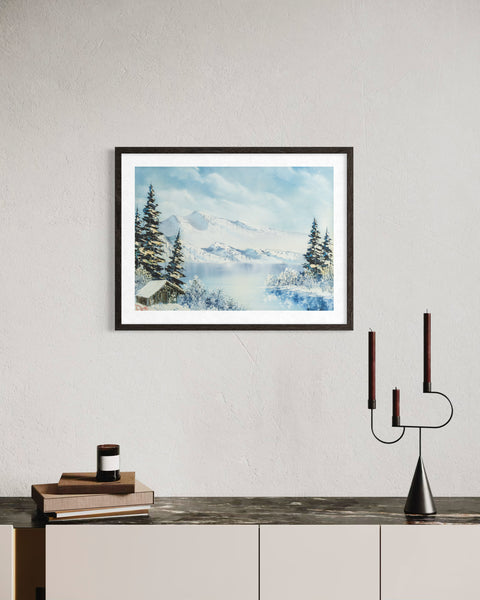 Bob Ross original oil on canvas landscape (1979), echoing "The Joy of Painting" aesthetic with serene winter scenery. Signed, and accompanied by a certificate of authenticity from Bob Ross Inc.