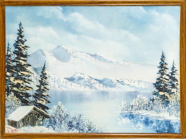 Bob Ross original oil on canvas landscape (1979), echoing "The Joy of Painting" aesthetic with serene winter scenery. Signed, and accompanied by a certificate of authenticity from Bob Ross Inc.