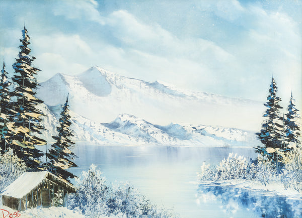 Bob Ross original oil on canvas landscape (1979), echoing "The Joy of Painting" aesthetic with serene winter scenery. Signed, and accompanied by a certificate of authenticity from Bob Ross Inc.