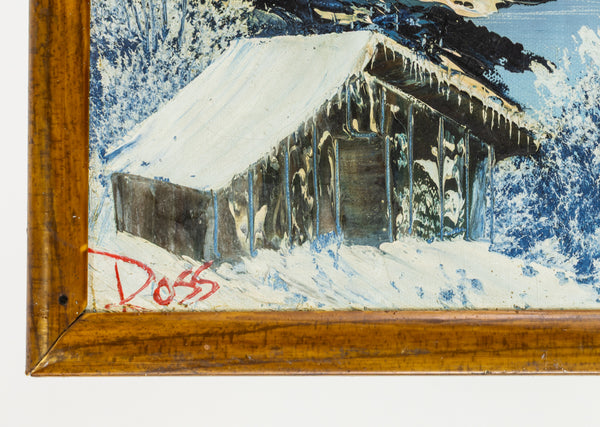 Bob Ross original oil on canvas landscape (1979), echoing "The Joy of Painting" aesthetic with serene winter scenery. Signed, and accompanied by a certificate of authenticity from Bob Ross Inc.