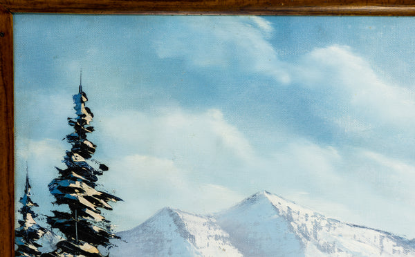 Bob Ross original oil on canvas landscape (1979), echoing "The Joy of Painting" aesthetic with serene winter scenery. Signed, and accompanied by a certificate of authenticity from Bob Ross Inc.