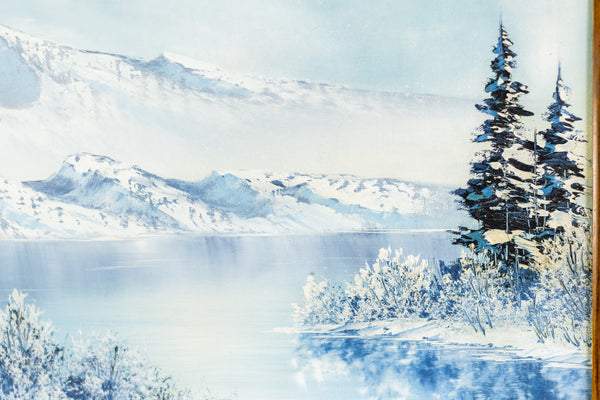 Bob Ross original oil on canvas landscape (1979), echoing "The Joy of Painting" aesthetic with serene winter scenery. Signed, and accompanied by a certificate of authenticity from Bob Ross Inc.