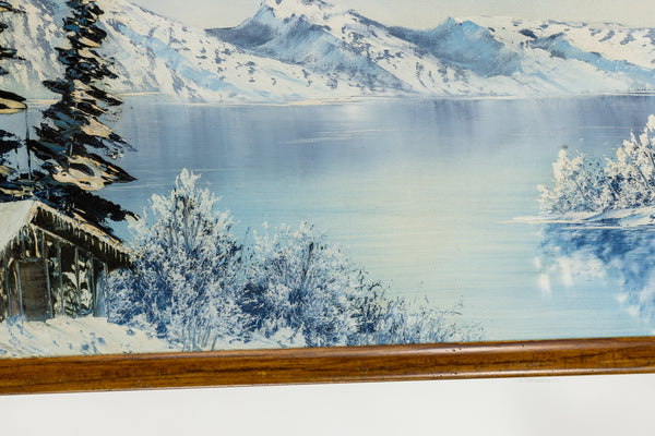 Bob Ross original oil on canvas landscape (1979), echoing "The Joy of Painting" aesthetic with serene winter scenery. Signed, and accompanied by a certificate of authenticity from Bob Ross Inc.