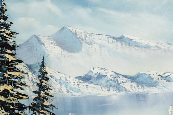 Bob Ross original oil on canvas landscape (1979), echoing "The Joy of Painting" aesthetic with serene winter scenery. Signed, and accompanied by a certificate of authenticity from Bob Ross Inc.