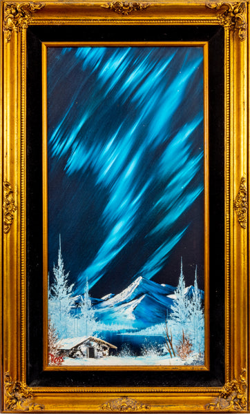 Bob Ross's 'Untitled, Northern Lights,' a 1984 oil painting on a 24x12 canvas, featuring vibrant cobalt Northern Lights over a snowy landscape, signed 'Ross 84' in red.