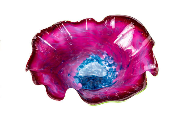 Dale Chihuly 1993 Sky Blue and Magenta Macchia with Lime Green Lip Wrap Signed Hand Blown Glass