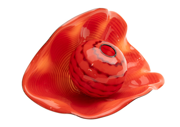 Dale Chihuly Signed Chinese Red Seaform Pair with Black Lip Wraps 1995 Signed Portland Press Edition