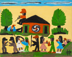 Clementine Hunter, Saturday Night, 1983 Original Oil on Canvas Board Signed Painting