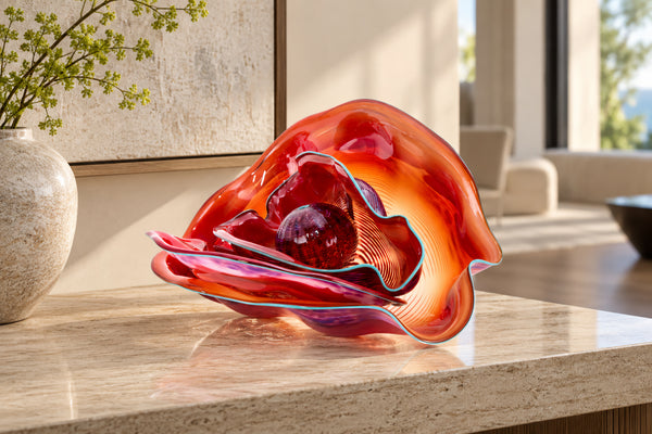 Dale Chihuly 4 Piece Red Seaform Set with Turquoise Lip Wrap Signed 1987 Handblown Glass