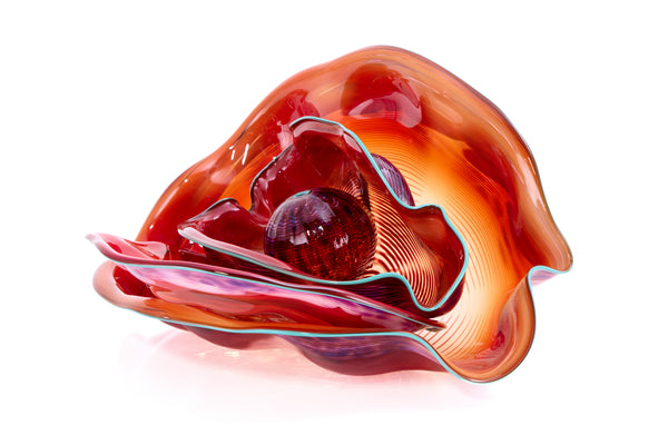 Dale Chihuly 4 Piece Red Seaform Set with Turquoise Lip Wrap Signed 1987 Handblown Glass