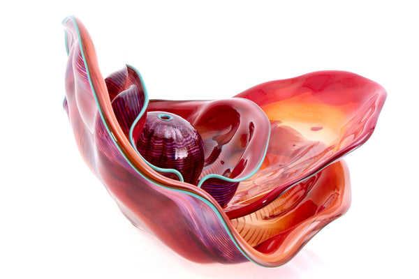 Dale Chihuly 4 Piece Red Seaform Set with Turquoise Lip Wrap Signed 1987 Handblown Glass