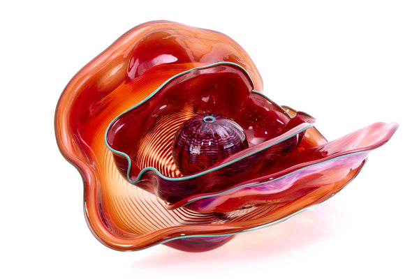 Dale Chihuly 4 Piece Red Seaform Set with Turquoise Lip Wrap Signed 1987 Handblown Glass