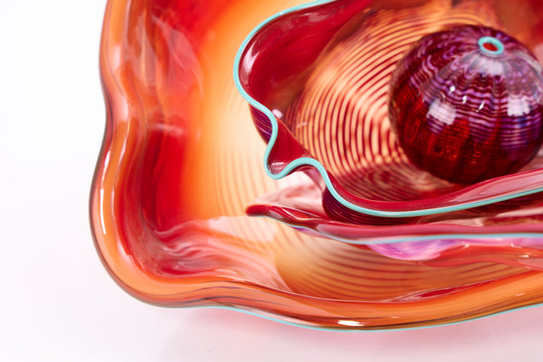 Dale Chihuly 4 Piece Red Seaform Set with Turquoise Lip Wrap Signed 1987 Handblown Glass