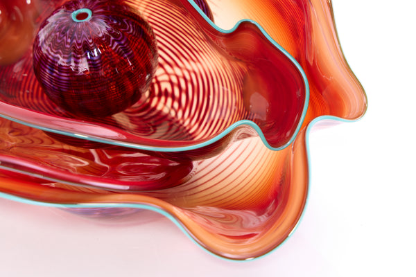 Dale Chihuly 4 Piece Red Seaform Set with Turquoise Lip Wrap Signed 1987 Handblown Glass