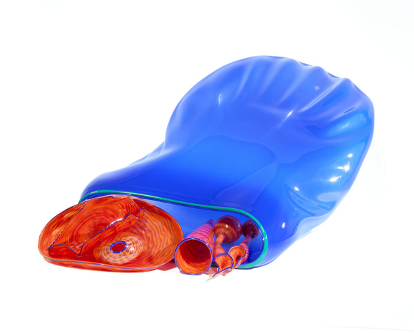 Dale Chihuly, Lapis Blue and Ruby Red Seven Piece Seafom Set, Signed 1988