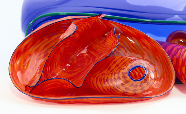 Dale Chihuly, Lapis Blue and Ruby Red Seven Piece Seafom Set, Signed 1988