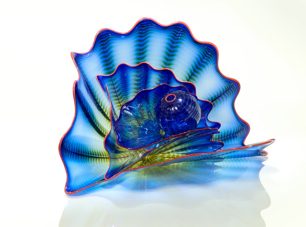 Dale Chihuly, Signed 1997 Four Piece Handblown Glass Blue Persian Set With Cadmium Red Lip Wrap
