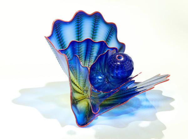 Dale Chihuly, Signed 1997 Four Piece Handblown Glass Blue Persian Set With Cadmium Red Lip Wrap