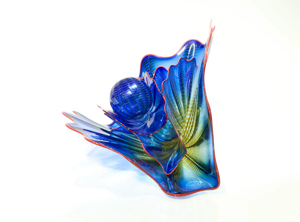 Dale Chihuly, Signed 1997 Four Piece Handblown Glass Blue Persian Set With Cadmium Red Lip Wrap