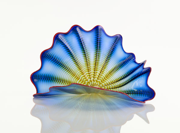 Dale Chihuly, Signed 1997 Four Piece Handblown Glass Blue Persian Set With Cadmium Red Lip Wrap